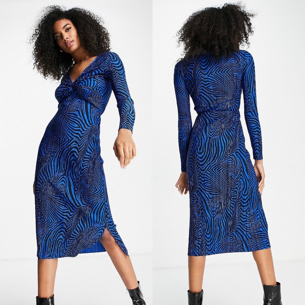 Plisse Long Sleeve Midi Dress with Swirl Print